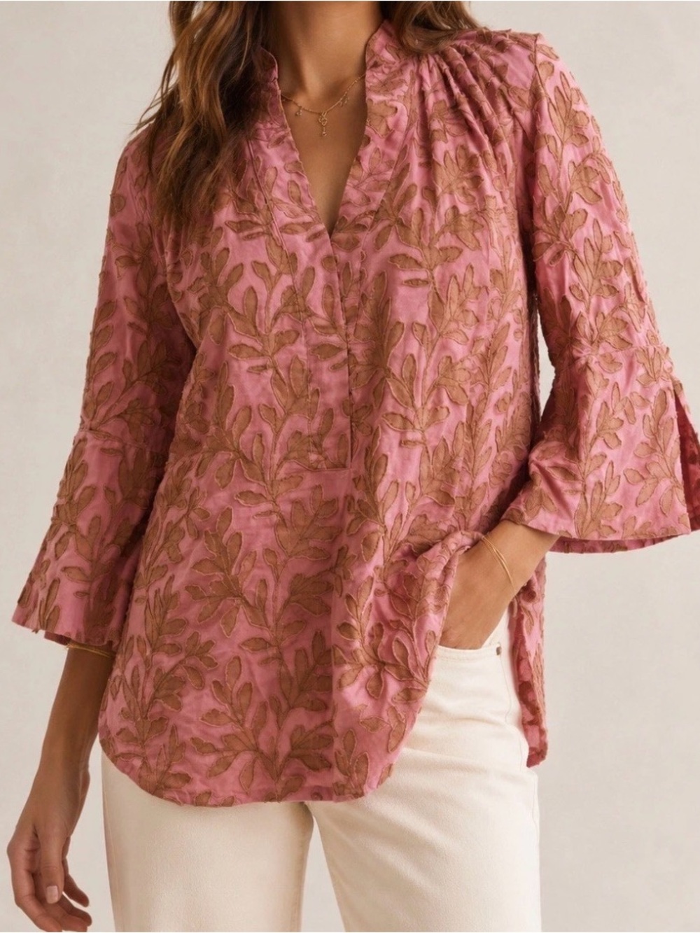 Anthropologie Embroidered Leaves Pink Popover Fall Blouse Top Womens Size L